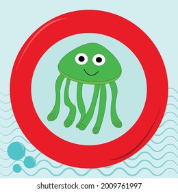 Cute cute sea  jellyfish  on the background of a beautiful life buoy on the background of the sea