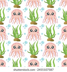 Cute sea jellyfish seamless vector pattern. A funny pink animal swims among seaweed, bubbles. Happy aquarium pet with tentacles. Underwater ocean creature, wild life. Cartoon marine background