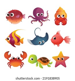 cute sea life animal collection in cartoon style