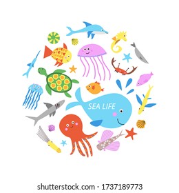 Cute sea life animals vector stickers collection. Kawaii set with marine underwater creatures: octopus seahorse sea turtle crab jellyfish whale dolphin medusa squid. Flat cartoon style