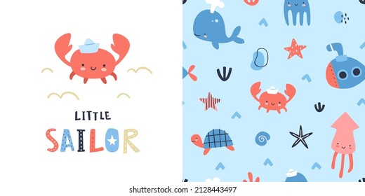 Cute Sea Life Baby Pattern With Print Collection. Marine Apparel Design Adorable Set.