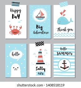 Cute sea life cards, posters, flyer template set. Hand drawn style with calligraphy and marine quotes. Vector illustration.