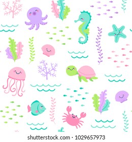 Cute sea life cartoon illustration seamless pattern background design for summer holidays.