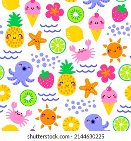 Cute sea life cartoon and tropical fruits seamless pattern for summer holidays background.
