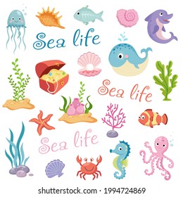 Cute sea life creatures cartoon animals set on white background vector illustration