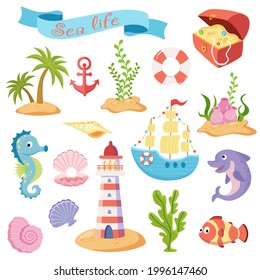 Cute sea life creatures cartoon animals set on white background vector illustration