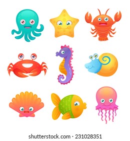 Cute Sea Life Creatures Cartoon Animals Set With Fish Octopus Jellyfish Isolated Vector Illustration