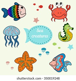 Cute sea life creatures. Isolated vector illustration.