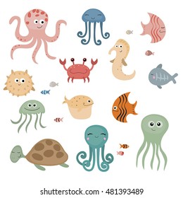Cute sea life creatures. Isolated vector illustration.