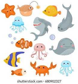 Cute sea life creatures. Isolated vector illustration.