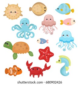 Cute sea life creatures. Isolated vector illustration.