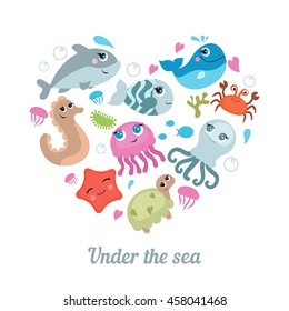 Cute sea life creatures. Symbols in the shape of heart. Isolated vector illustration.