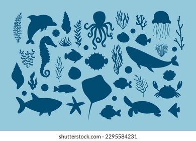 Cute sea life elements silhouette set. Cartoon vector illustration.