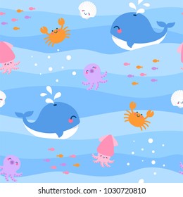 Cute Sea Life Illustration Seamless Pattern On Wave Background