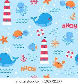 Cute sea life and nautical elements illustration seamless pattern background