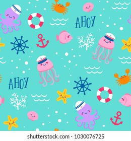 Cute sea life and nautical elements seamless pattern background