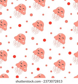 Cute Sea life Pattern with qualle and red polka dot on white background. Vector seamless pattern of flat art. Doodles of marine life. Textile, stationery, wrapping paper, cover.