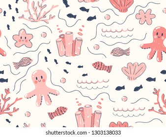 Cute sea life pattern. Vector illustration.