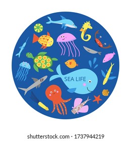 Cute sea life print with animals. Vector illustration in flat cartoon style with kawaii marine creatures as octopus jellyfish dolphin shark seahorse sea turtle squid crab medusa flying fish