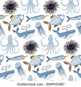 Cute sea life seamless pattern. Cartoon x-ray fish, octopus, jellyfish, urchin, narwhal, whale doodle drawings on white background. Flat ocean and sea animals textile vector print design