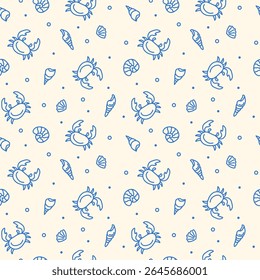 Cute sea life seamless pattern hand drawn in doodle style. Blue abstract linear illustration of underwater animals crab and seashell.