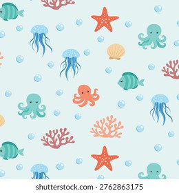 Cute Sea Life Seamless Pattern with Octopus Jellyfish and Fish for Coastal Textiles