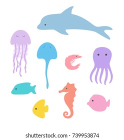 Cute sea life set flat vector illustration