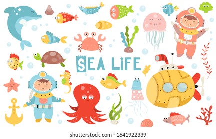 Cute sea life set. Hand drawn. Doodle cartoon underwater animals and fishes for nursery posters, cards, t-shirts. Vector illustration. Ocean fish, octopus, submarine, diver.