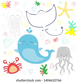 Cute sea life underwater fish animals set vector background