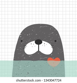 Cute sea lion with heart. Kids hand drawn print. Vector illustration.