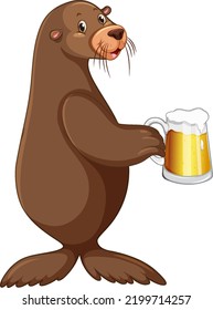 Cute sea lion holding a beer illustration