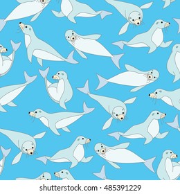 Cute sea lion on blue background pattern. Animal seamless pattern design. 