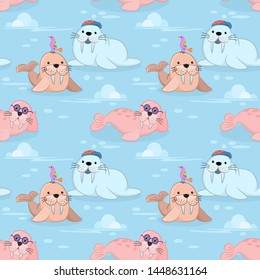 Cute sea lion on ice seamless pattern on blue background.