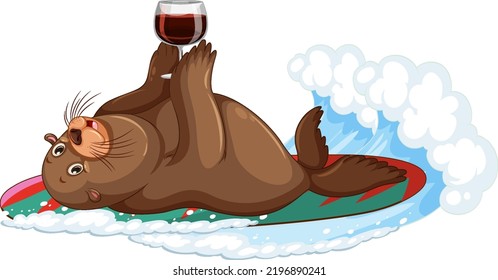 Cute sea lion on surfboard drinking red wine illustration