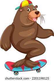 Cute sea lion play skateboard on white background illustration