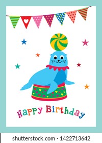 cute sea lion seal fun fair circus happy birthday greeting card vector