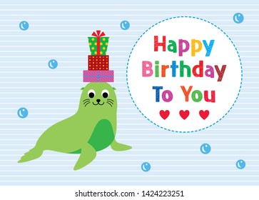 cute sea lion seal happy birthday greeting card vector