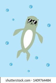 cute sea lion with sunglasses swims in the ocean vector