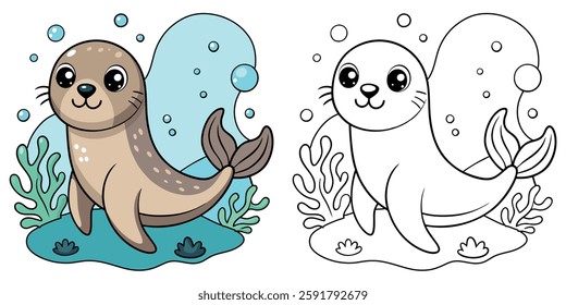 Cute Sea Lion Undersea Coloring Book Printable With Black Outline On White Background