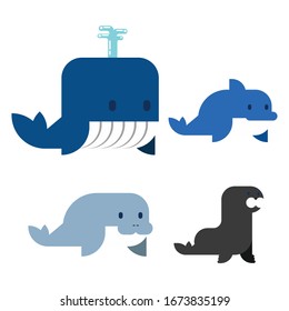 Cute Sea mammals animal collection icons set. Vector fish illustration in ocean. Marine exotic creature flat design. 