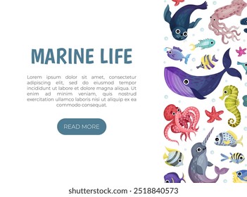 Cute Sea and Marine Animal Swim in Ocean Banner Vector Template