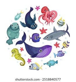 Baño lindo del mar y del animal marino en la Ilustración vectorial del océano