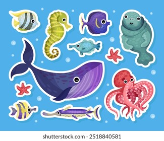 Baño lindo del mar y del animal marino en sistema de la Ilustración vectorial del océano