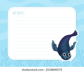 Cute Sea and Marine Seal Animal Swim in Ocean Note Card Vector Template