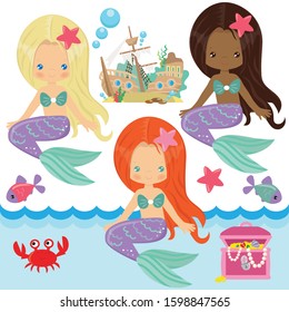 Cute sea mermaid vector cartoon illustration