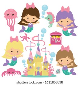 Cute Sea Mermaids Vector Cartoon Illustration