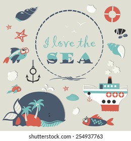 Cute sea object icons collection. Vector illustration