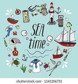 Cute sea objects collection. Hand drawn vector illustration
