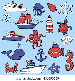 Cute sea objects collection. Hand drawn vector illustration.
