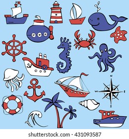 Cute sea objects collection. Hand drawn vector illustration.